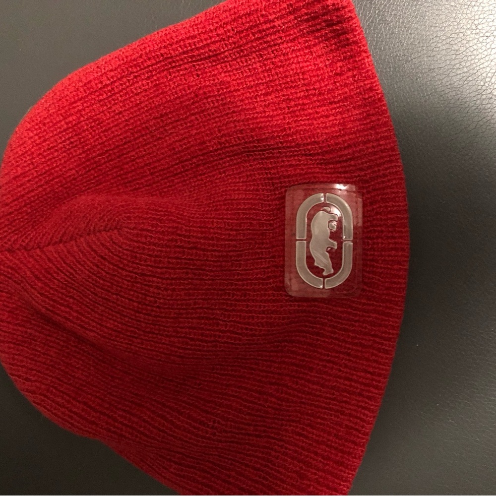 Vintage Ecko Red Knit Beanie Hat with signature rubber logo Ribbed Texture knit